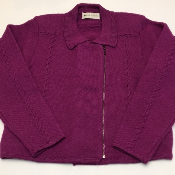 Vintage 100% Wool Zip Up Sweater Jacket Shacket Magenta Size Med Marisa Studio - Picture 1 of 15